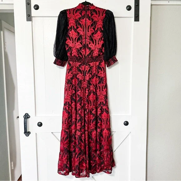 Alice + Olivia Coletta Embroidered Maxi Dress Silk Red Black Size 4 - Picture 6 of 8
